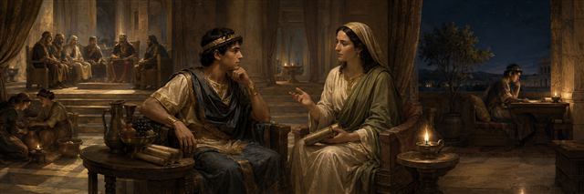 A young ruler studies beside a restrained luminous personification of Wisdom with a council chamber in the distance